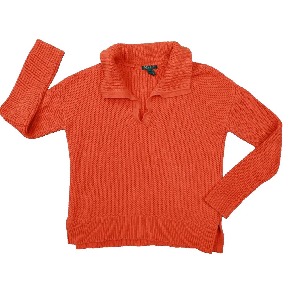 Lauren Ralph Lauren Women's Orange Collared V Neck Sweater size Large
